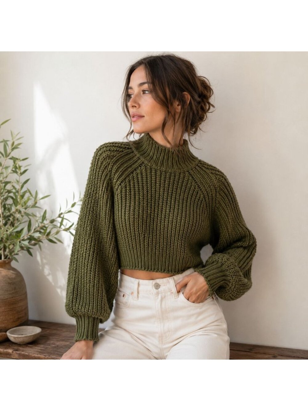 Chunky Knit Roll Neck Sweater XS Olive Green Cropped Fisherman Balloon Sleeve